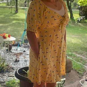 Yellow With White Flowers Mid-Thigh Dress.